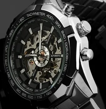 Ganador de la marca Luxury Sport men's Automatic Skeleton Mechanical Military Watch Men Silver Steel Steel Band