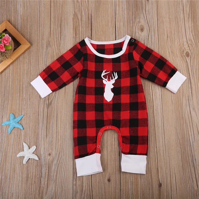 Christmas Baby Clothes Autumn Winter Toddler Infant Baby Boys Girls Long Sleeve Romper Red Plaid Deer Antler Printed Jumpsuit Kids Outfits