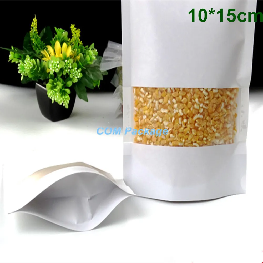 DHL 300 sztuk / partia 10x15cm Stand Up White Kraft Paper Food Magazyn Pakowanie Torba Zipper Seal Doypack Packaging Studka z wyraźnym oknem