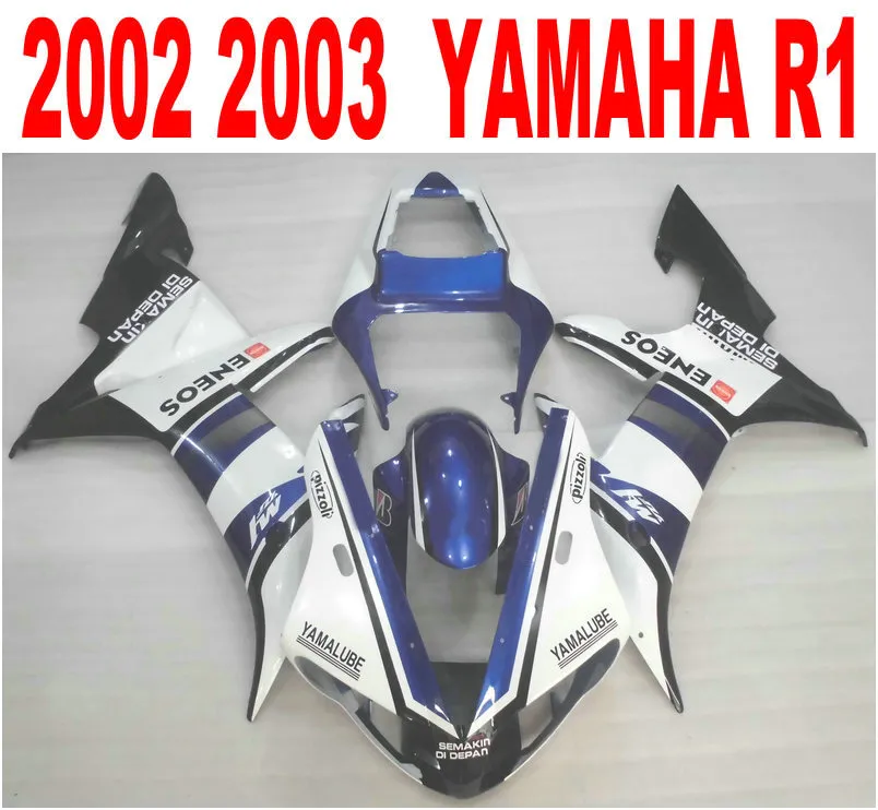 Injektionsgjutning ABS Motorcykeldelar för Yamaha YZF-R1 02 03 Fairings Set YZF R1 2002 2003 Vit Blå Svart Fairing Kit HS43