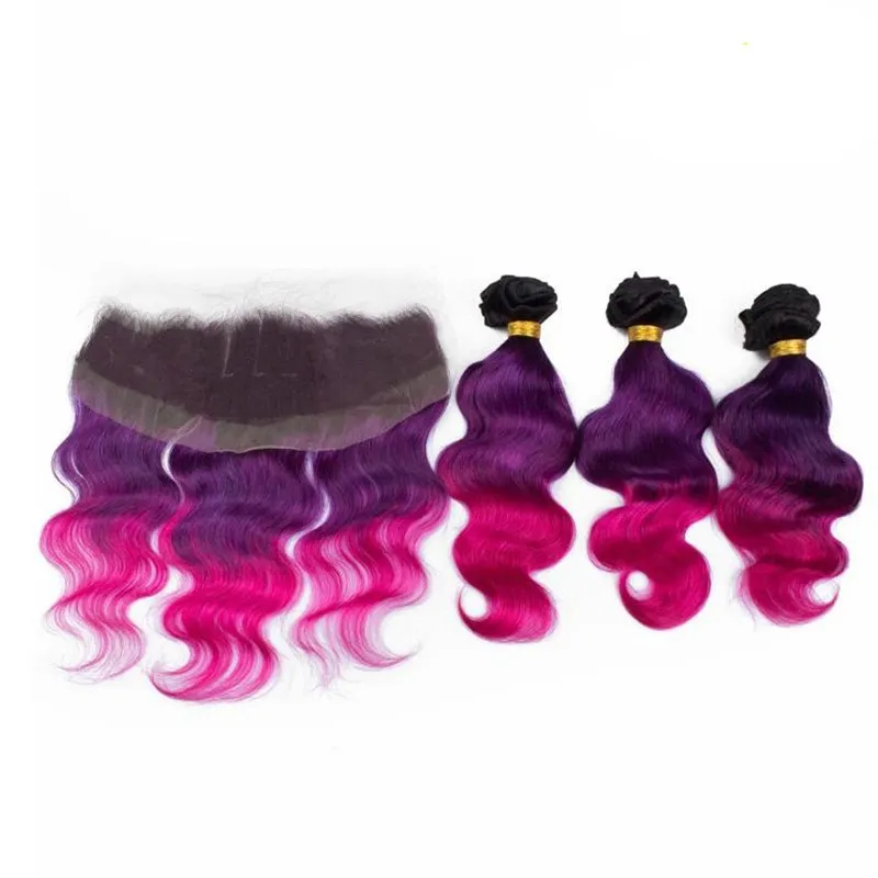 Ombre Cor Extensões de Cabelo Com Top Frontal 4 Pcs Muito Fechamento Ombre Cor 1B Roxo Rosa Cabelo Humano 3 Pacotes Com 13x4 Fechamento de Rendas