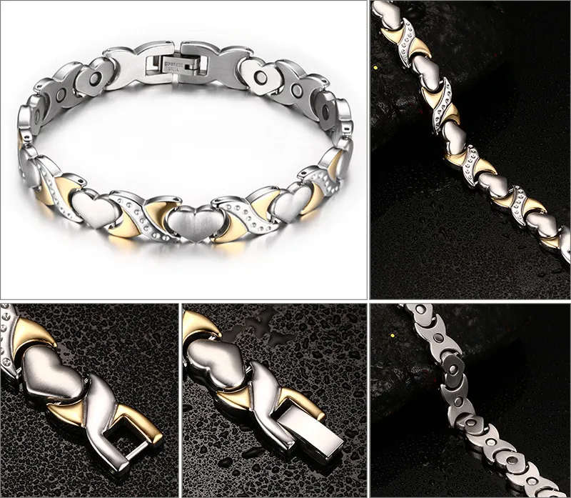 Brand New Style Best Gift For Wife/Girlfriend Stainless Steel Health magnet Stone Crystal Heart Link Chain bracelet 9mm 9''