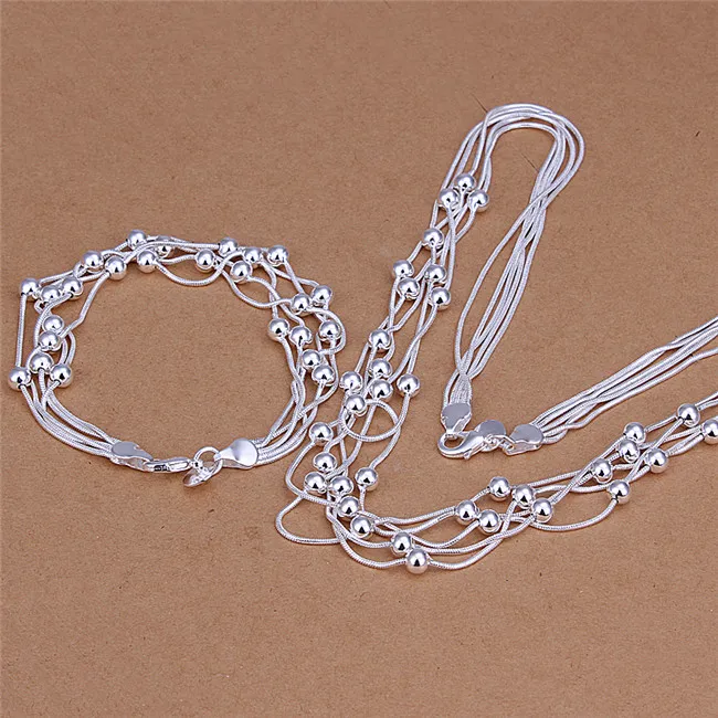 S063 высокое качество 925 стерлингового серебра пятипроводные бусины ожерелье браслет мода ювелирные наборы для женщин партии подарок бесплатная доставка