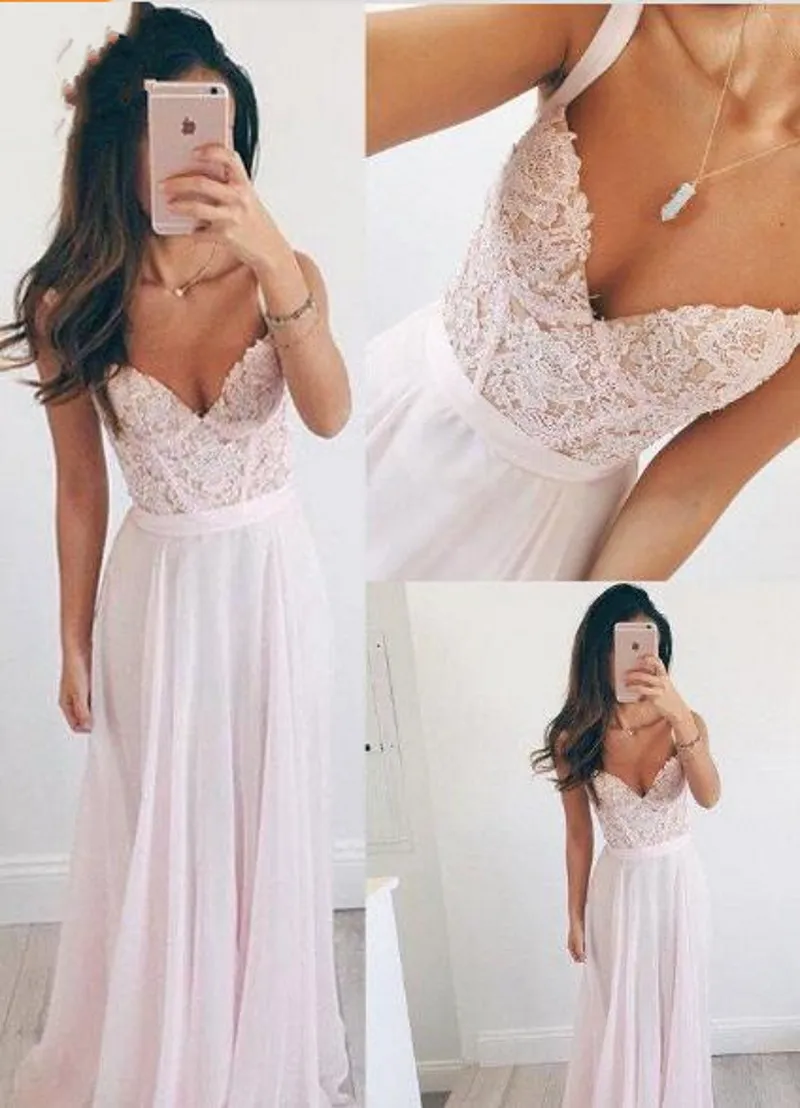 Spaghetti Sweetheart Prom Gown Beach Bridal Dresses Floor Length Zipper Back Bridesmaid Dress Delicate Dusty Pink Lace Chiffon Evening Dres