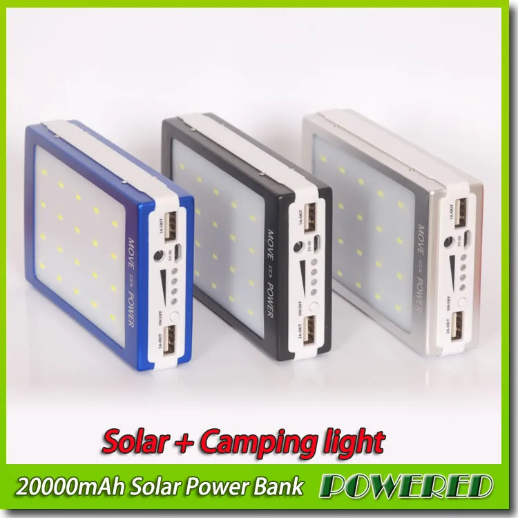 20000MAH 2 port USB Solar Power Bank Charger Camping Light Zewnętrzna bateria zapasowa z pola detalicznego dla Xiaomi Samsung