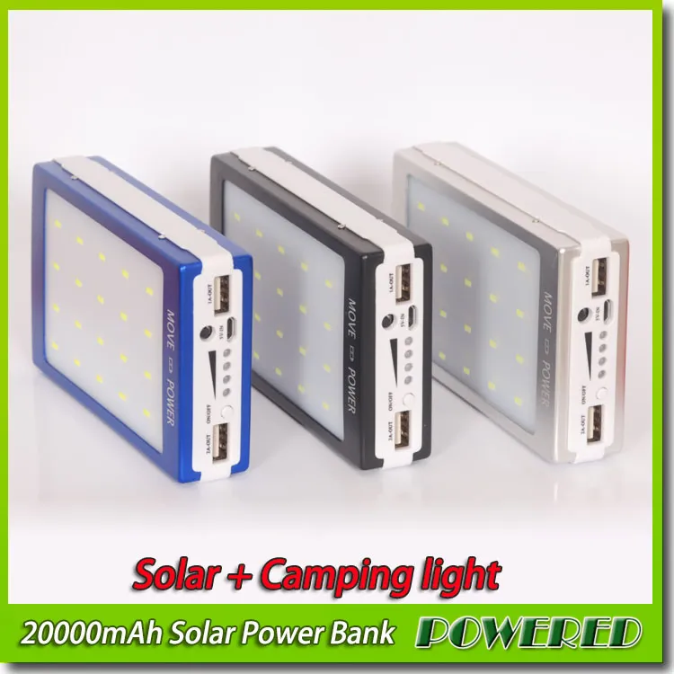 20000mAh 2 USB Port Solar Power Bank Charger Camping light External Backup Battery With Retail Box For Xiaomi Samsung