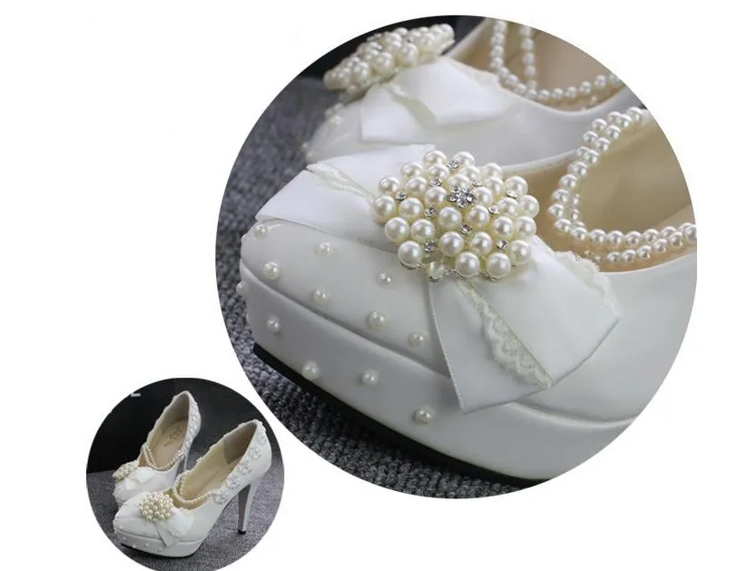 White Beaded Pearls wedding shoes Round Toe High heel Applique Summer Sandles bridal shoes accessories