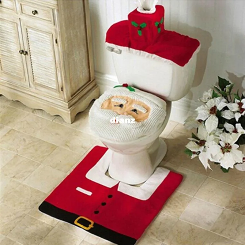 Happy Santa Toilet Seat Cover Rug Bathroom Set Christmas Decorations