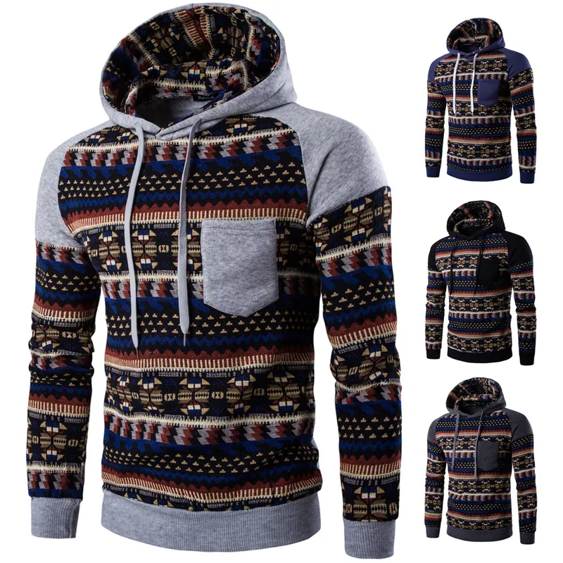 Nowy zimowy męski Rękaw Rękaw Folk Style Color Kapturem Casual Płaszcz Sweter Koszulka Stały wzór