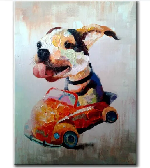 Pintura al óleo animal de la historieta pintada a mano en la lona Arte encantador del perro de la conducción para la decoración de la pared en la habitación de los niños o los mejores regalos al niño
