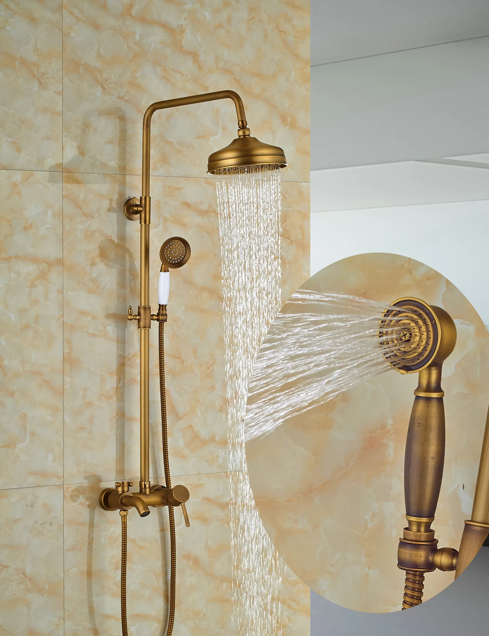 Wholesale And Retail Classic Antique Brass 8" Round Rain Shower Faucet Set Tub Spout Mixer Tap W/ Hand Shower Sprayer