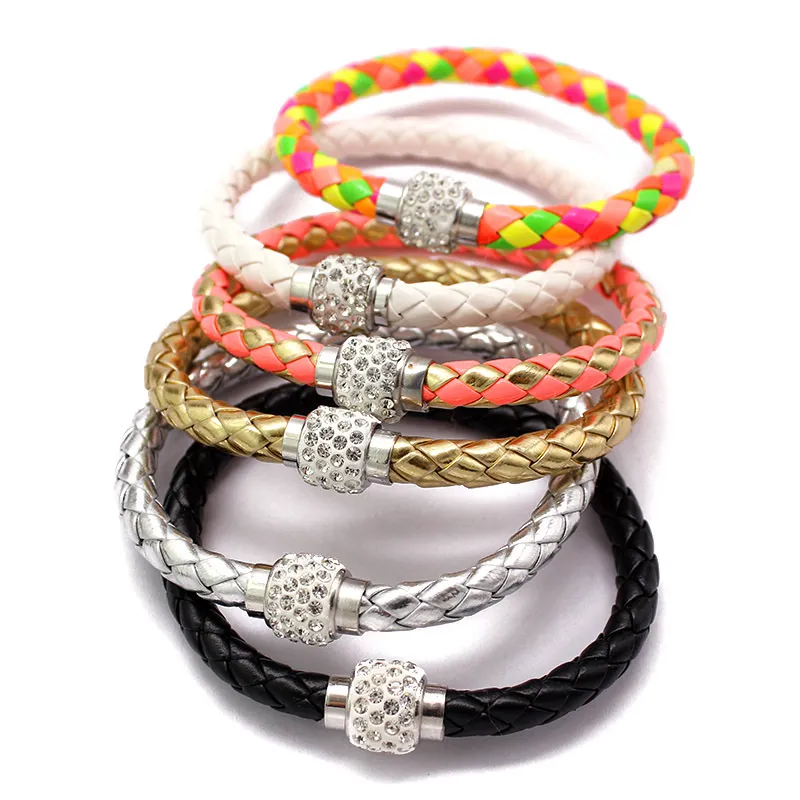 13 colors PU Leather Bangle CZ Disco Crystal Rhinestone Charm Bracelets Magnetic Clasp wrap Wristband For Unisex Fashion Jewelry