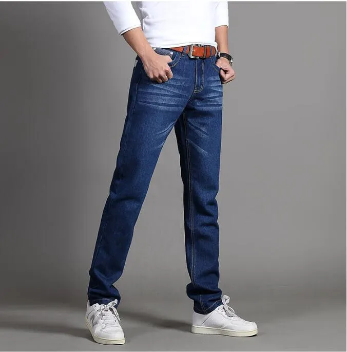 Vente en gros - Hommes Marque Jeans Mode Casual Homme Denim Pantalon Coton Classique Droite Jeans Masculina Mid Rise Denim Pantalon