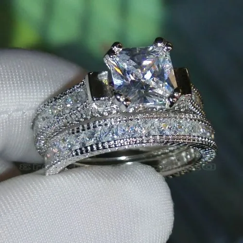 럭셔리 사이즈 5-10 레트로 프린세스 컷 14k 화이트 골드 채워진 토파즈 시뮬레이션 다이아몬드 결혼 반지 세트 어머니의 날 선물 상자 포함