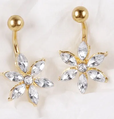 2015 hete verkoop edelsteen 18k gouden bloem kristal buik knop ringen 316L roestvrij stalen navel piercing bengelen buik ringen lichaam sieraden