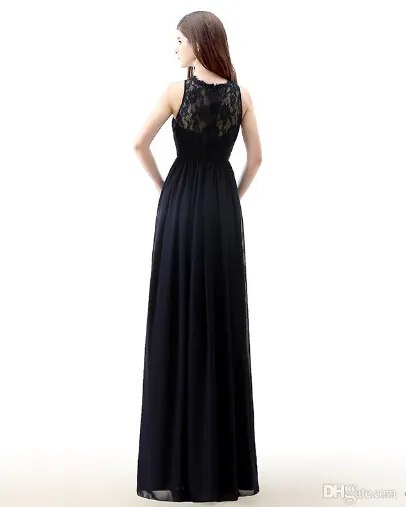 2019 Navy Blue Bridesmaid Dresses Chiffon Long Floor Längd Empire Waist Maid of Honor Jewel Neck Sheer Zipper Lace Back Honor Bridal Gowns