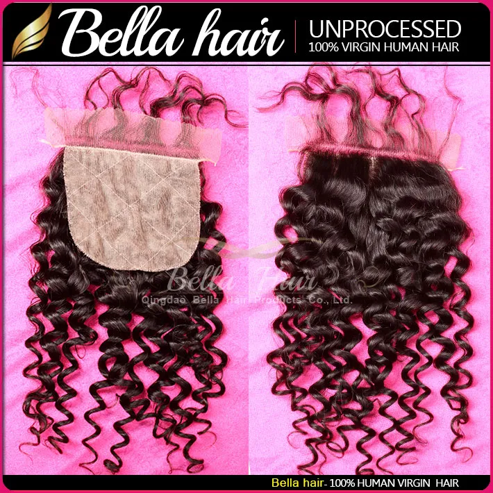 Silk Base Lace Human Hair Top Full Closure Piece 4x4 Curl Wavy Hidden Fake Scalp Knots Free Part Virgin Brazilian Hair Curly Wave Natural Looking Bella Hair Trending