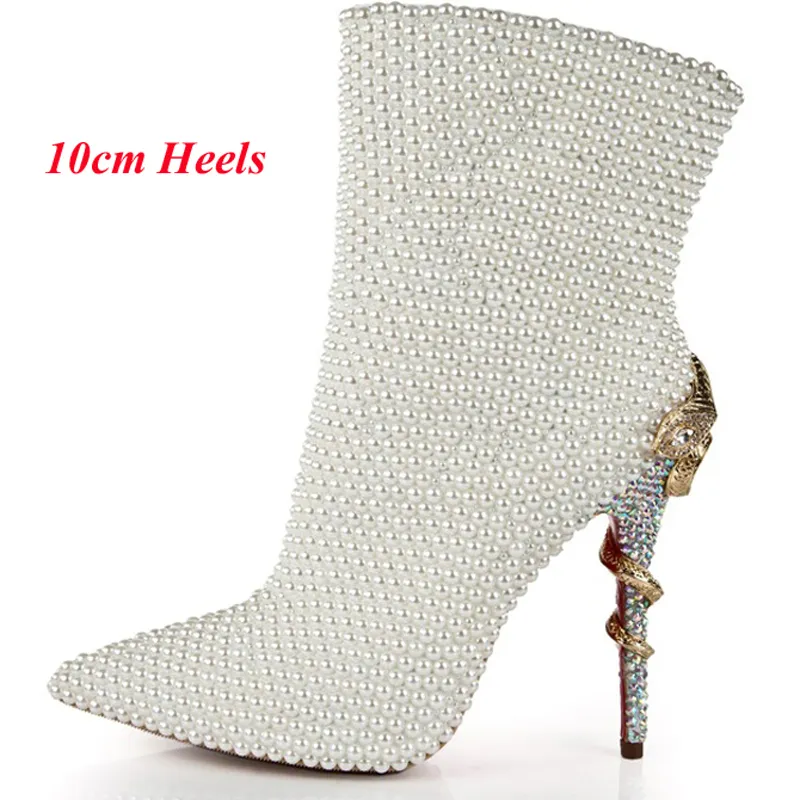 Pearl Wedding Boots elfenben Brudprinsessan High Heel Platform Shoes äkta läder Anpassa Party Prom -stövlar pekade tåpumpar242y