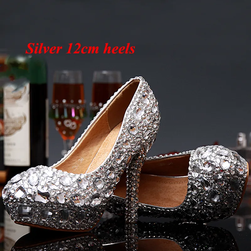 Lüks Mezuniyet Partisi Balo Ayakkabı Yüksek Topuk Gümüş Kristaller Rhinestones Gelin düğün ayakkabı Düğün Parti için Elmas Bayan Ayakkabı