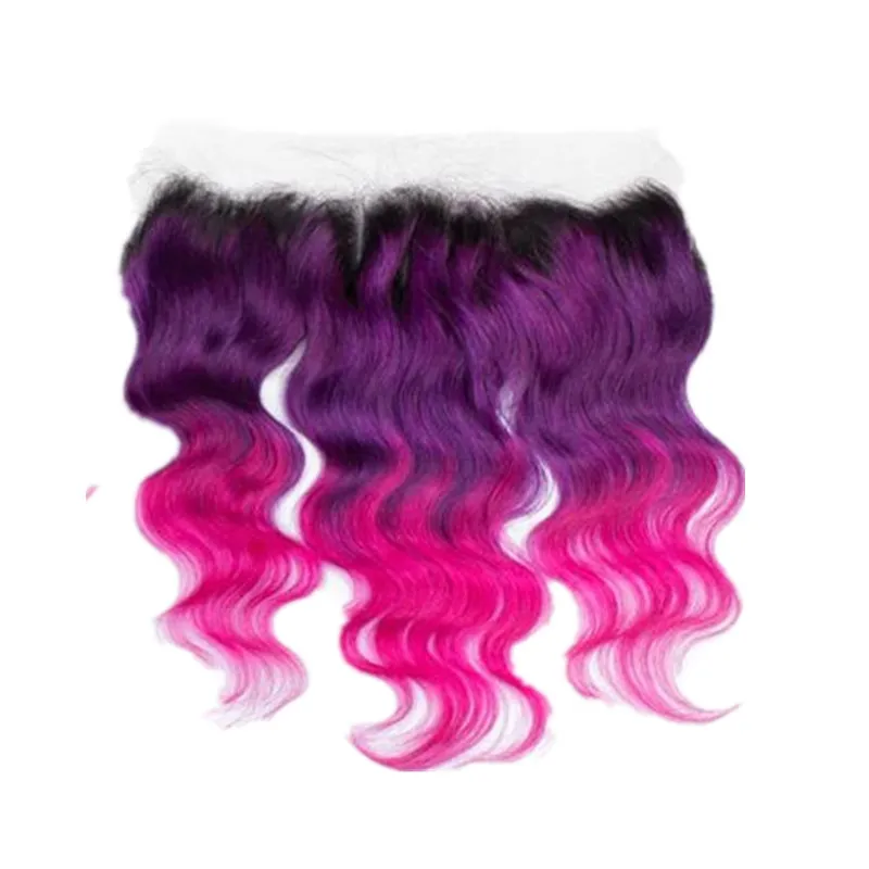 Ombre Cor Extensões de Cabelo Com Top Frontal Muito Fechamento Ombre Cor 1B Roxo Rosa Cabelo Humano 3 Pacotes Com 13x4 Fechamento de Rendas