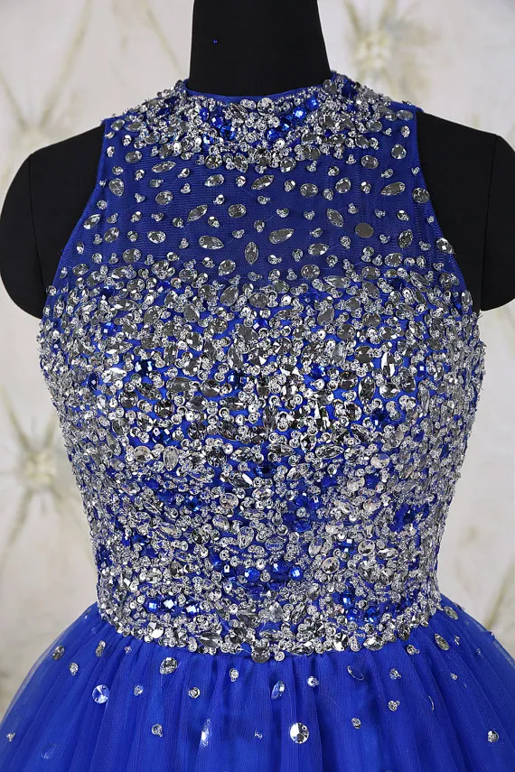 Royal Blue Formal Prom -jurk geplooide mini -avondjurken Korte avondjurken met kralen pailletten bemanning van kraag knie lengte jurk 3202