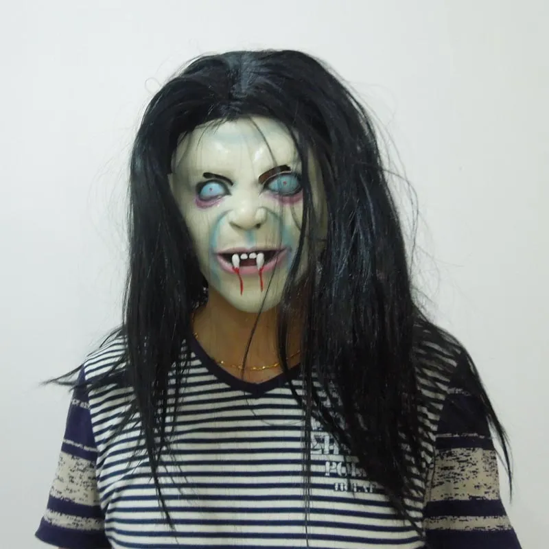 Masque d'Halloween Horreur Fantôme Masques Zhen Son Latex Masque Noir Cheveux Longs Terroriste Sirène Tête Masque Effrayant Halloween Robe De Fête livraison gratuite