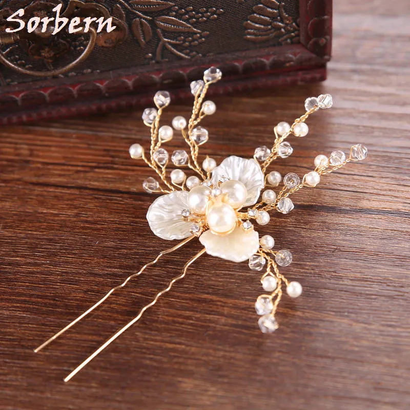 Gold Color Flower Leaf U Shape Hair Sticks Pearl Clip Vintage Hair Pins Wedding Accessories Crystal Bridal Head Piece