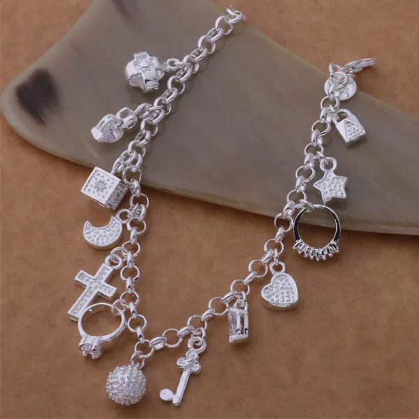 Bästa gåva billig gratis frakt Hot 925 Sterling Silver CZ Crystal Gemstone Fashion Jewelry Cross Moon Charms Armband 1000