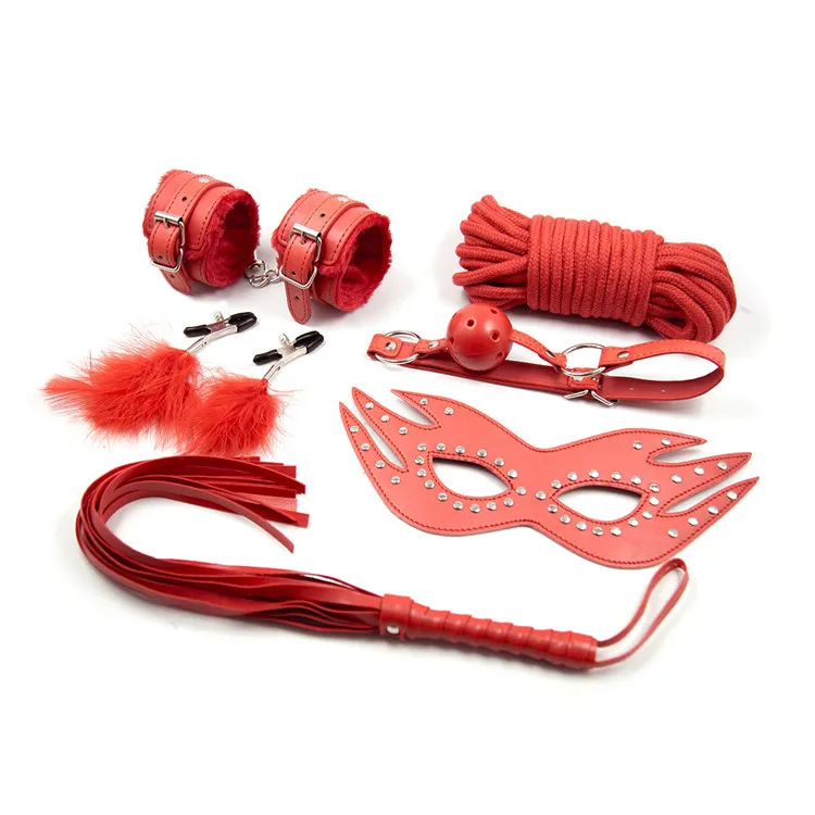 7in1 Lady039s Adult Pleasure Sex Toys Kit Bondage BDSM Games Playing SM Product Handcuff Footcuffs Eye Mask Ball Gag Whip But1302829