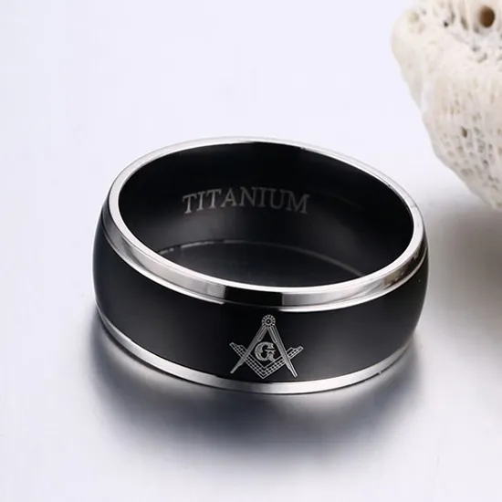 Mannen Ring Hoge Kwaliteit Tungsten Staal IP Black Plated Gepolijst Vrijmetselaars Patroon Mode Jewlery Zwart Maat 9-12