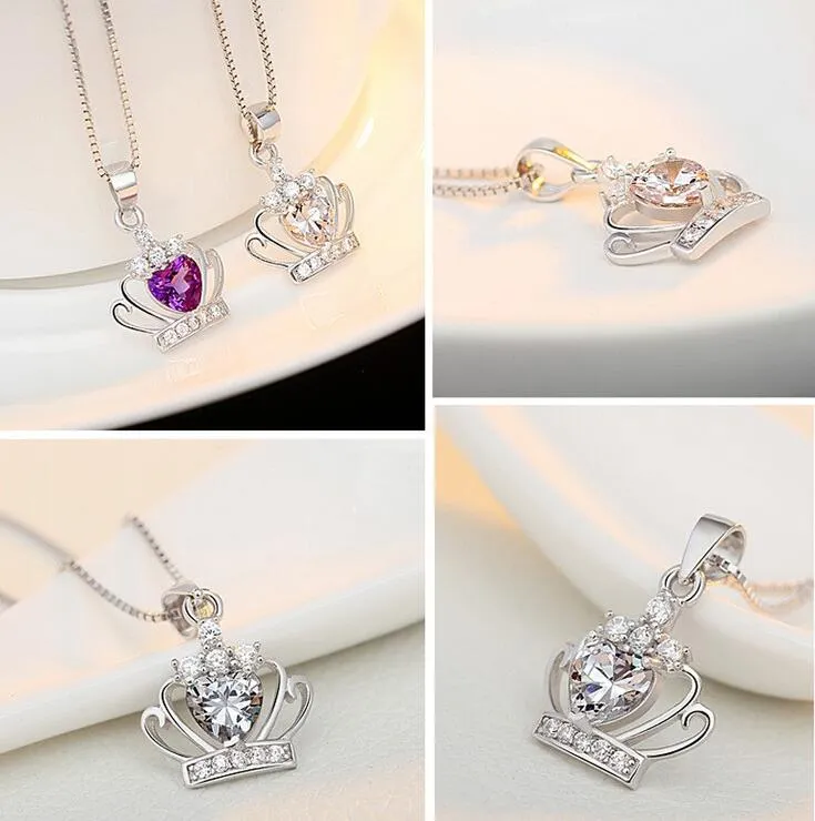 Classic Crown Pendant Necklace Fashion 925 Sterling Silver Austrian Crystal Crown Pendant Purple/Silver Water Wave Necklace Women Jewelry