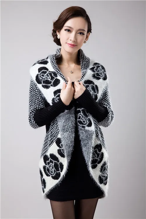 Venta al por mayor- 2017 otoño Mujeres moda coreana flores mohair punto chal cardigan suéter chaqueta medio largo suéteres 6
