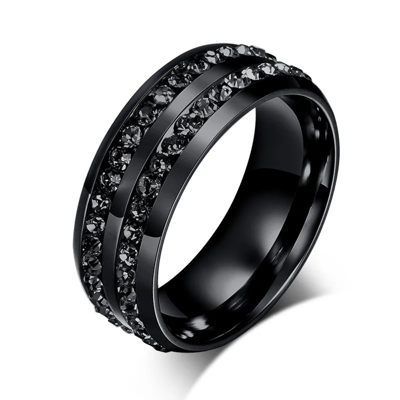 Conjunto de aço de titânio diamante masculino e feminino anéis de moda preto 8mm tamanho 7-13312V