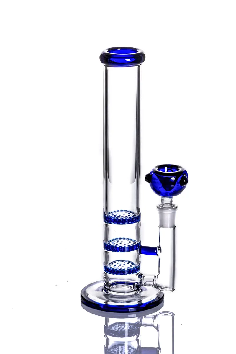 Niebieski Zielony Różowy Potrójny Honeycomb Fajki Szklane Rury Wodne Tanie Bongs Z Prostym Rurką i Kwiat Glass Bowl 11 cali 14 mm Staw