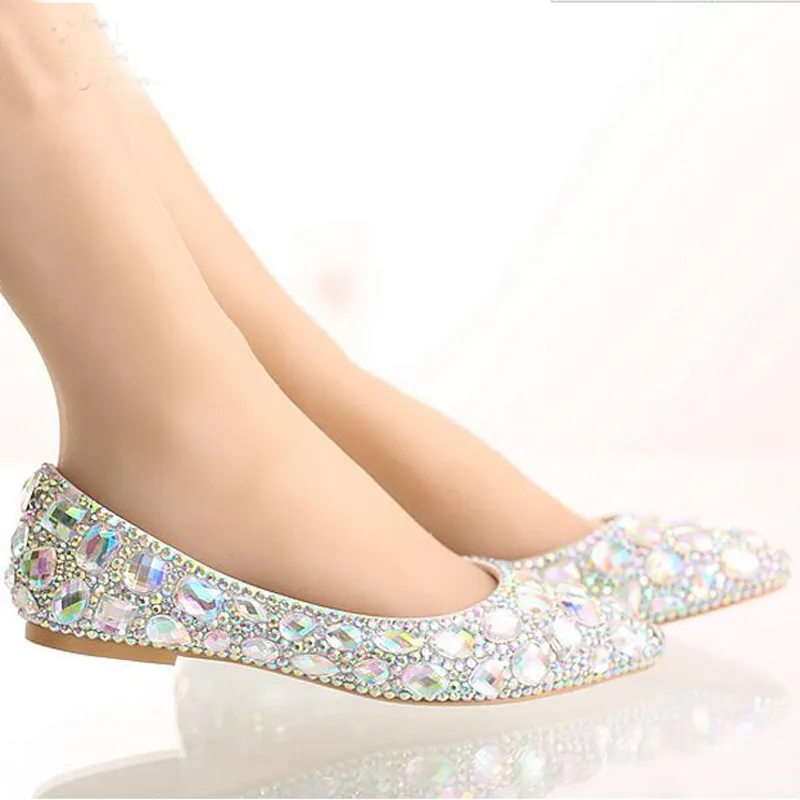 Flat Heel Pointed Toe Shoes Colorful Rhinestone Bride Shoes Flats Wedding Bridal Shoes Silver Red Pink Color Party Dancing Shoes