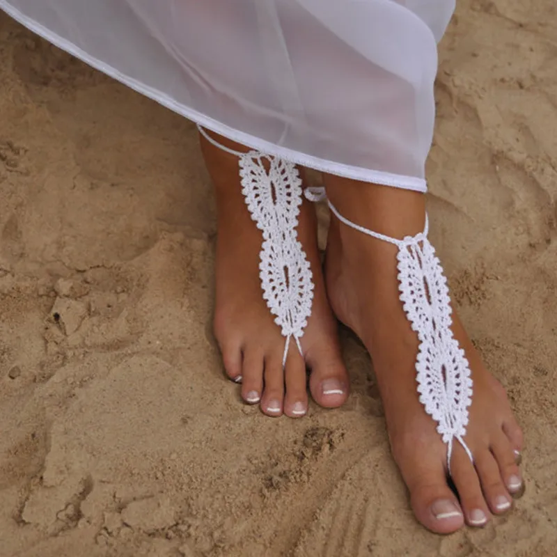 1 par ou 2 PCS casamento de praia com os pés descalços sandálias, sandálias de crochê branco, sapatos nus, nupcial, rendas vitoriana, sapatos sensuais