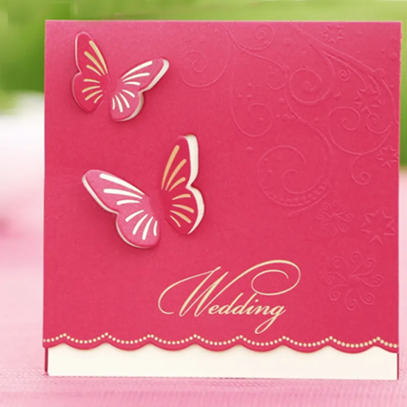 50 stks Bruiloft Uitnodigingen Butterfly Style Fancy Design Invitation Card Gevouwen champagne Kleurvrije aangepaste en afdrukken