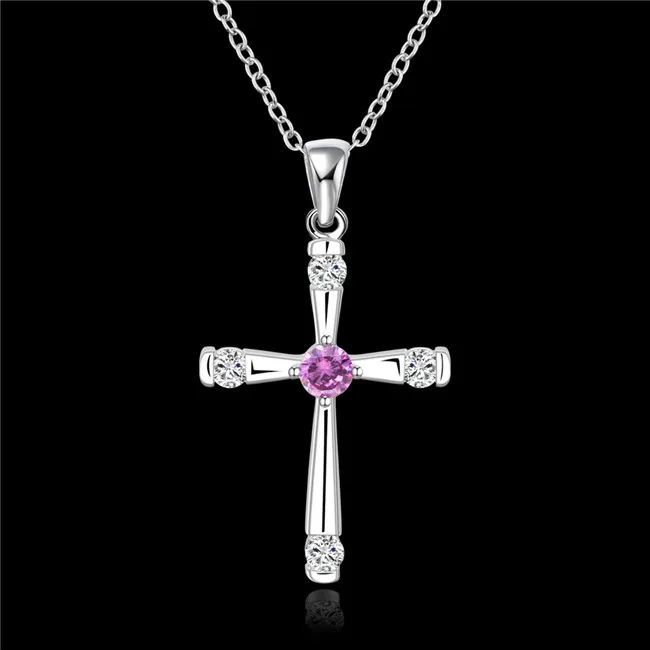 2015 nouveau design violet Zircon 925 Sterling croix d'argent pendentif collier beau cadeau de mariage livraison gratuite