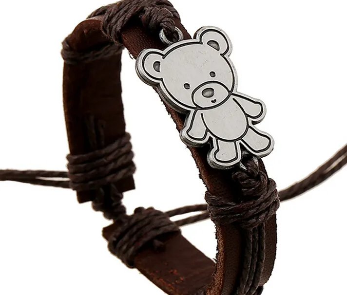 2015 Najnowsza wersja Punk Style 100% Prawdziwej Skóry Bransoletka Handmade Alloy Little Bear Liny Regulowany Bransoletka 20 sztuk / partia