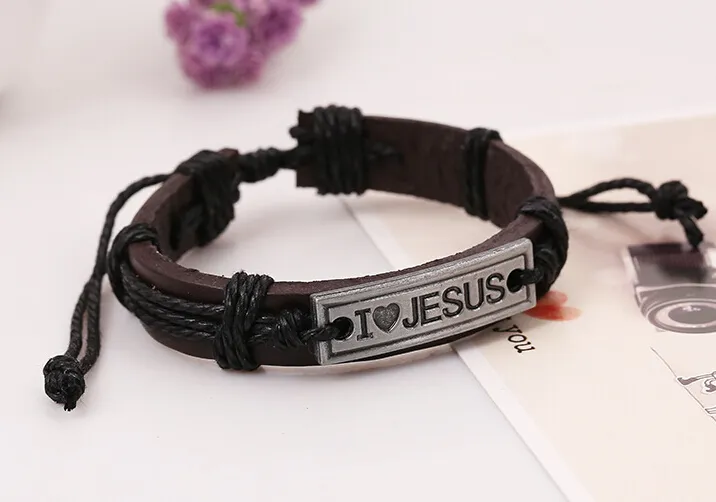 2015 nieuwste versie punk stijl 100% lederen armband legering lo Jezus paar hennep touw verstelbare armband / 