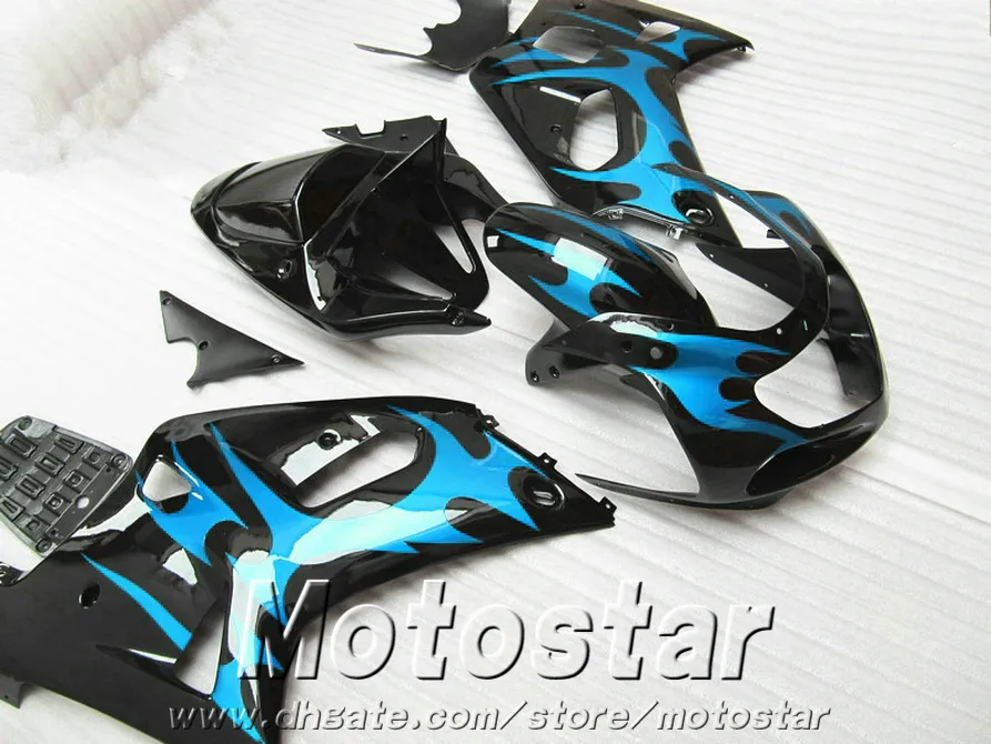 Ny plastmakare för SUZUKI GSX-R600 GSX-R750 2001-2003 K1 Blue Flames In Black Bodywork Fairings Set 01-03 GSXR 600 750 EF47