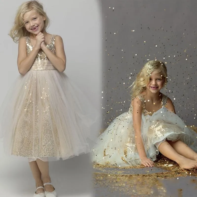 Sparky Sequined Flower Girl Dresses Gold Crew Neckline First Communion ...