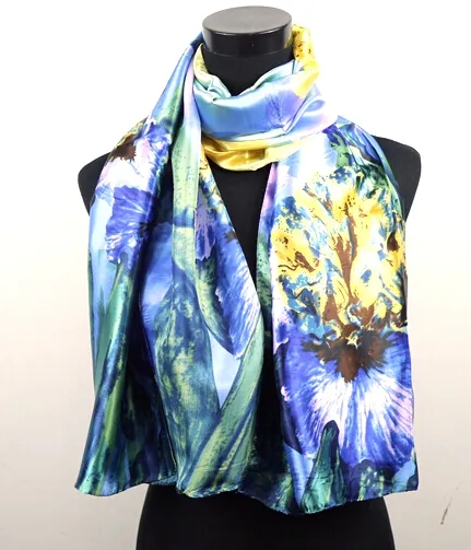 1 pièces jaune bleu fleur de lys foulards Satin peinture à l'huile longue enveloppe châle plage foulard en soie 160X50cm