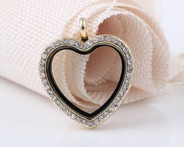 FULL Rhinestones Peach Heart Shape Glass Floating Locket Pendant Fit For Necklace Chain Making