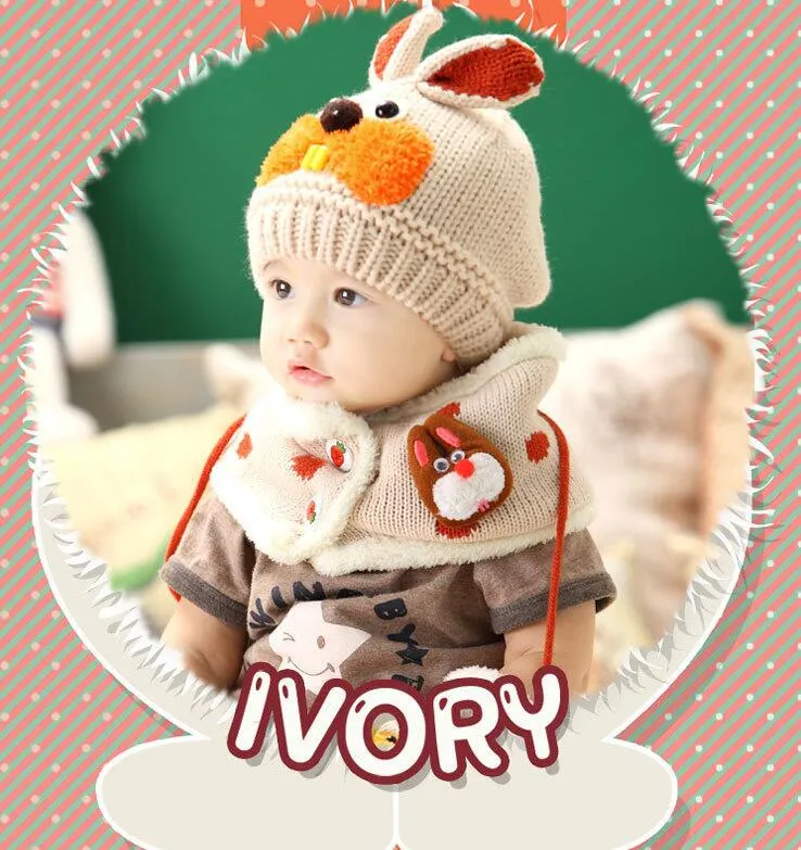 Winter Rabbit Ear beanie Kids Baby Hats Lovely Infant Toddler Girl Boy Beanies Cap Warm Baby Hat+Hooded Knitted Scarf Set Earflap Caps