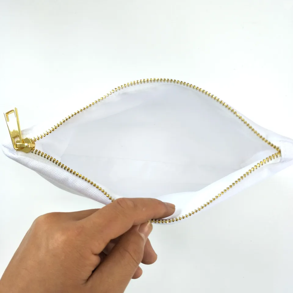 Bolsa de maquiagem de lona poli branca de 12 on￧as para estampa de sublima￧￣o com forro-dourado em branco-ouro em branco Bolsa de calor transfer￪ncia de calor254w