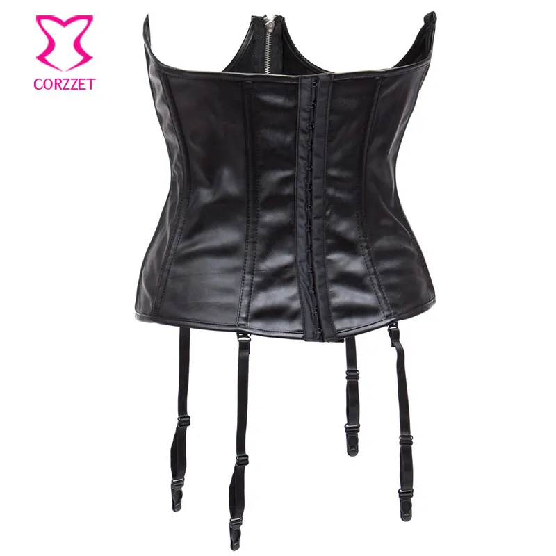 Womens Black Leather Waist Trainer Corset With Suspenders, Latex