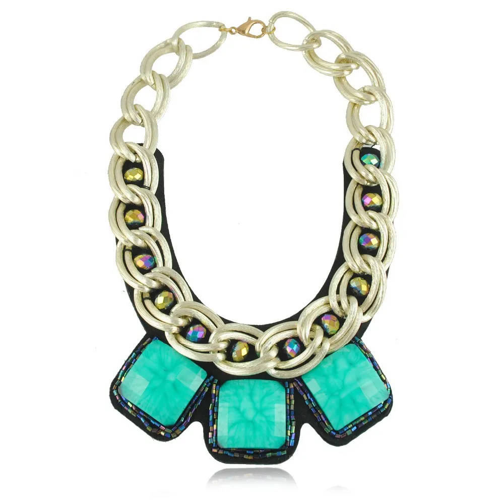 European Chunky Gold Plated Chain Exaggerated Square Resin Gem Statement Bib Necklace For Women