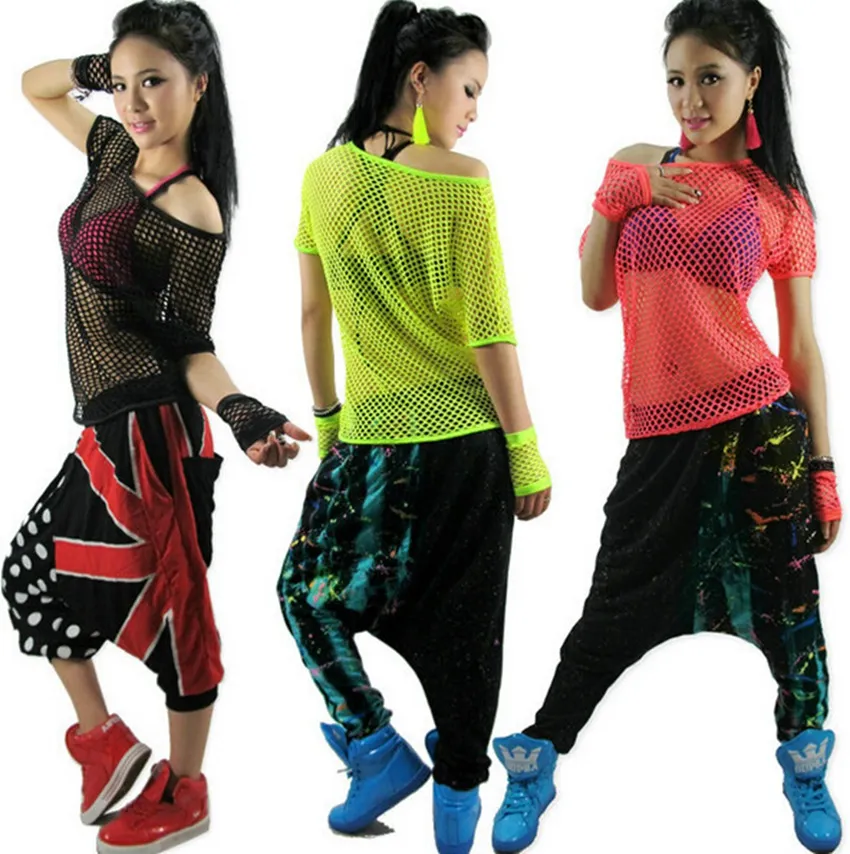 Nueva moda parte de arriba de estilo hip hop, disfraz de baile femenino de Jazz, ropa de actuación, ropa de escenario, camiseta recortada Sexy de neón