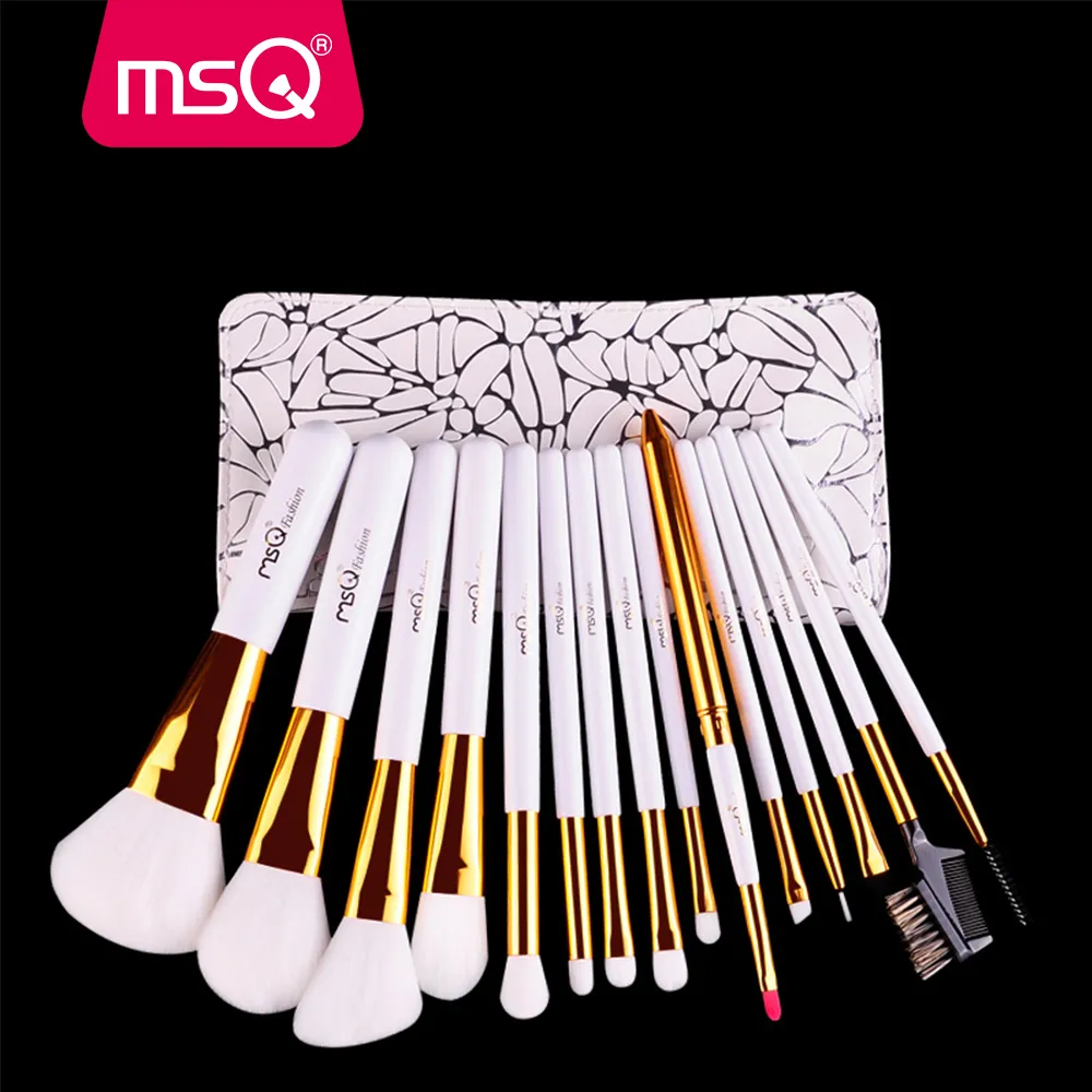 Msq Set di pennelli per trucco Professionale 15 pezzi Kit di pennelli per trucco con manico in legno naturale con capelli sintetici morbidi con custodia in pelle PU